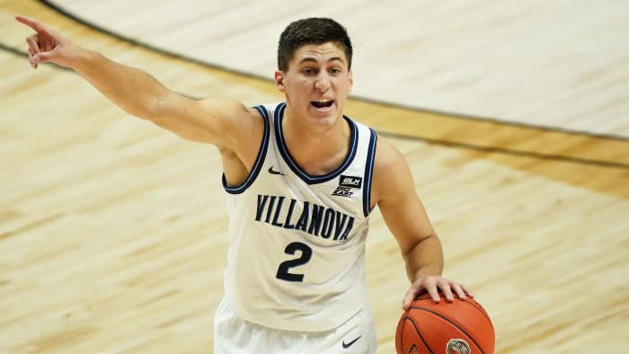 Villanova guard Collin Gillespie dribbles